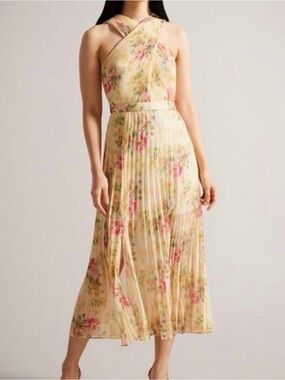 TED BAKER CROSS FRONT FLORAL PLEATED MIDI DRESS